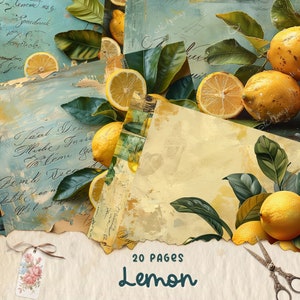 Lemon Junk Journal Pages, Digital Scrapbook Paper Kit, Fruit Printable, Collage Sheet, Vintage Ephemera, Distressed Fruit Pages, Lemon Tree