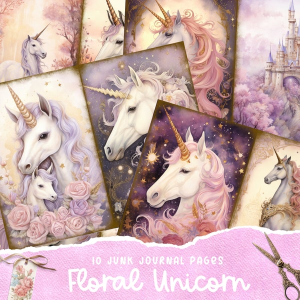 Fantasy Unicorn Junk Journal Kit Journal Pages, Unicorn Flowers Junk Journal Printable Paper, Digital Collage Sheet, Instant Download