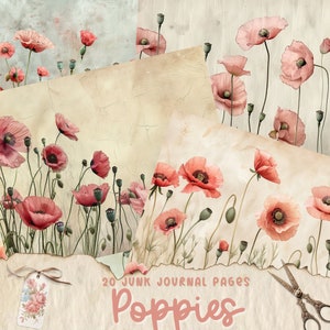 Páginas de diário de lixo de papoula vintage, papel de álbum de recortes digital, impressão floral, folha de flores antigas, coisas efêmeras chiques e gastas, download instantâneo