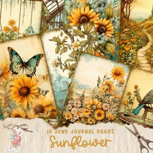 Pages de journal indésirable tournesols, kit vintage de journal indésirable tournesols, journal indésirable papier imprimable, feuille de collage numérique, téléchargement immédiat