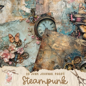 Páginas de diario basura Steampunk, papel industrial digital, imprimible victoriano, hoja de collage Digi, kit de álbum de recortes mecánico, efímera vintage