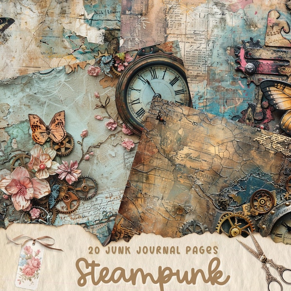 Steampunk Junk Journal Pages, Digital Industrial Paper, Victorian Printable, Digi Collage Sheet, Mechanical Scrapbook Kit, Vintage Ephemera