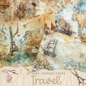 Vintage Reise Junk Journal Seiten, digitale Blumen Ephemera, druckbare Shabby Collage Sheet, antiker Koffer, Scrapbook Urlaub Papier Kit