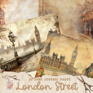 Páginas imprimibles del London Street Junk Journal, kit de papel de álbum de recortes, efímera vintage, hoja de collage, fondo digital, descarga instantánea
