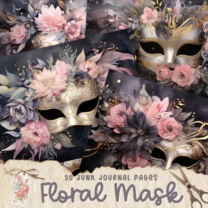Floral Maske Junk Journal Seiten, Maskerade Maske, Vintage Journal, Scrapbook Collage Sheets, Printable Ephemera Kit, Flower Digital Paper Kit