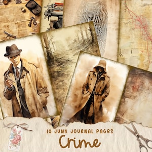 May include: Ten digital paper pages with a crime theme. The pages feature vintage textures, maps, and illustrations of detectives in trench coats.