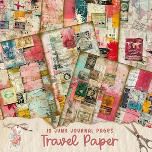 Vintage Travel Junk Journal Pagina's, Digitale Floral Ephemera, Afdrukbare Shabby Collage Sheet, Antieke Koffer, Scrapbook Vakantie Papier Kit