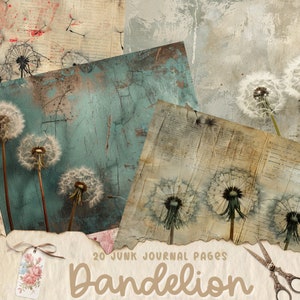 Pagine del diario spazzatura del dente di leone, carta digitale con fiori botanici, carta stampabile per Scrapbooking, effimeri floreali, documenti di diario, Shabby Chic