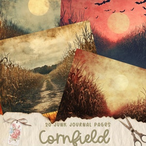 May include: 20 digital paper backgrounds featuring a cornfield with a full moon in the sky. The papers have a vintage, distressed look and are perfect for scrapbooking, junk journaling, or other paper crafts.