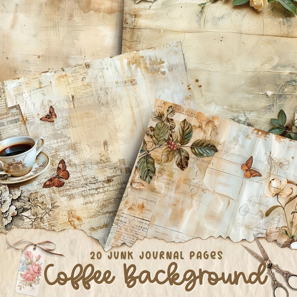 Vintage Coffee Junk Journal Pages, Chocolate Journal Card, Delicate Drinkware Collage Pages, Cinnamon Digital Collage Sheet, Coffee Lovers