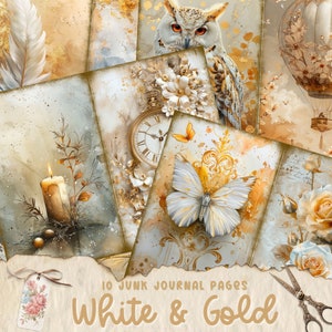 Kit de arte de diário lixo de mídia mista branca e dourada, papéis digitais, páginas de diário imprimíveis, japers de diário branco e dourado, criação de cartões