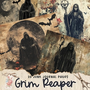 Grim Reaper Junk Journal Printable Pages, Digital Scrapbook Paper Kit, Collage Sheet, Vintage Ephemera, Download, Halloween Craft Paper