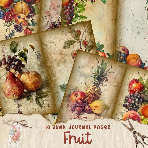 Pages de carnet de bordel de fruits, kit de papier de scrapbooking numérique, imprimable, fruits d'été, feuille de collage, éphémères vintage, cuisine, fraise, pomme