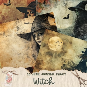 Witch Junk Journal Pages, Digital Scrapbook Paper Kit, Halloween Printable, Collage Sheet, Witchcraft Ephemera, Fantasy, Nature, Gothic