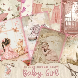 Digitales Junk Journal Kit Baby Mädchen, Baby, Mädchen, Buch, rosa, Geschenkidee, Babys, erstes Jahr, wenig, Erinnerung, Boho, printable, digitaler Download