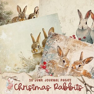 Páginas de diario basura de conejo navideño, descarga digital, álbum de recortes, imprimible, kit digital de diario basura vintage, diario, conejito, feliz Navidad