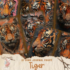 May include: Ten digital printable pages featuring tiger faces in a distressed, vintage style. The pages are perfect for adding to your junk journal or other paper crafts.