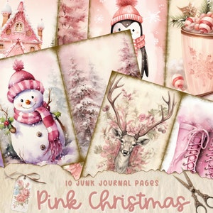 Rosa Weihnachten Junk Journal Seite, Vintage Merry Christmas Junk Journal Seiten, Weihnachtsmann Szene Junk Journal druckbares Papier, digitale Collage