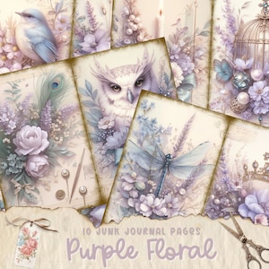 Floral lila Junk Journal druckbare Seiten, Vintage Karte, Digital Collage Sheet, Blumen Junk Journal Kit, viktorianisches Scrapbook Ephemera