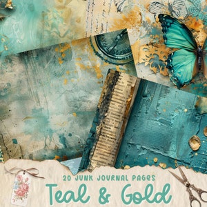 Kit de arte Teal and Gold Mixed Media Junk Journal, papéis digitais, páginas de diário imprimíveis, papéis de diário Teal e dourado, criação de cartões