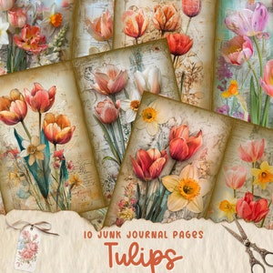 Vintage Tulip Junk Journal Pages, Digital Scrapbook Paper, Floral Printable, Flower Collage Sheet, Shabby Chic Ephemera, Instant Download