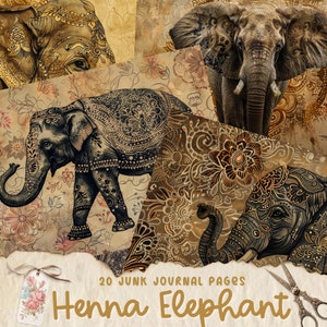 Strony dziennika Elephant Junk, wzór henny, tekstury indyjskie, etniczne, papier do scrapbookingu, pobieranie cyfrowe, tło, tworzenie kartek cyfrowych