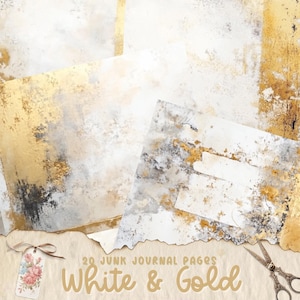 Kit de arte de diário lixo de mídia mista branca e dourada, papéis digitais, páginas de diário imprimíveis, japers de diário branco e dourado, criação de cartões