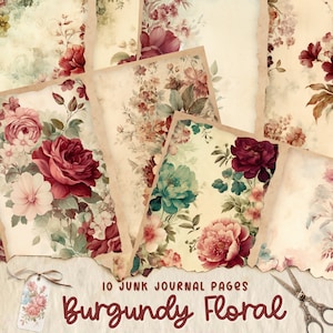 Pagine di diario spazzatura con fiori bordeaux, kit di diario spazzatura peonia vintage, carta stampabile diario spazzatura, foglio di collage digitale, download istantaneo