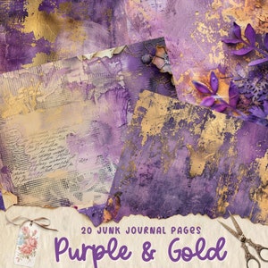 Kit de arte de diario basura de medios mixtos de color púrpura y oro, artículos digitales, páginas de diario imprimibles, japers de diario púrpura y dorado, fabricación de tarjetas