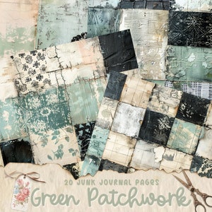 Pagine di diario spazzatura patchwork verde, documenti digitali, pagine di diario stampabili, cartoline per album, lavori con la carta, tessuti shabby chic, lavori patch