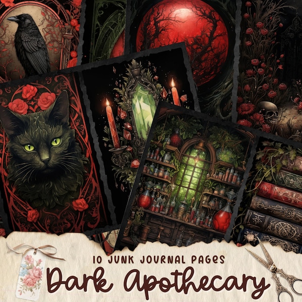 Dark Apothecary Junk Journal, Digital Scrapbook Paper Kit, Green Witch Printable, Botanical Collage Sheet, Vintage Ephemera, Herbal Potions