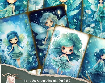 May include: A set of ten junk journal pages with illustrations of ocean fairies. The pages depict fairies with blue hair and dresses, set against aquatic backgrounds. The text "Ocean Fairy" is visible below the pages.