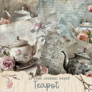 Vintage theepot afdrukbare pagina's ongewenste dagboek, bloemen thee ongewenste dagboekkit, ongewenst dagboekpapier, vintage ephemera, shabby chic plakboekvoorraad