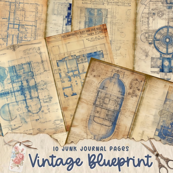 Vintage Blueprint Junk Journal Seiten, Collage Sheet, Digitales Scrapbook Papier Kit, antike Ephemera, Hausplan Patent Zeichnungen