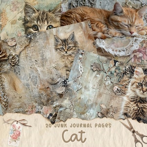 Kit de papeles de diario basura de gato, efímera de gatito, decoupage imprimible, medios mixtos, suministros de álbum de recortes, descarga instantánea, tarjetas Shabby Chic
