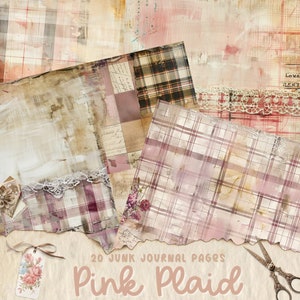 Páginas de diario basura de cuadros rosas, documentos digitales, páginas de diario imprimibles, tarjetas de álbum de recortes, artesanía de papel, textiles Shabby Chic, fondo