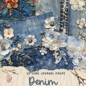 Paquete de páginas de diario basura de mezclilla, hojas de collage textil, scrapbooking digital patchwork, encaje floral, efímera vintage, papel shabby chic