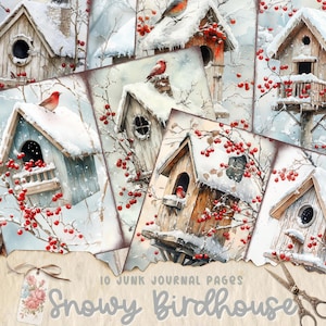 Páginas de diario basura de Snowy Bird House, descarga digital, álbum de recortes imprimible, kit digital de diario basura vintage, diario de invierno con animales navideños