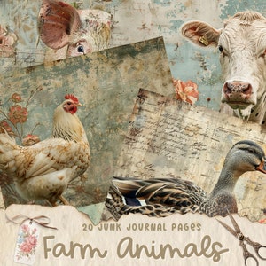 Paquete de páginas de diario basura de animales de granja, libro de chatarra imprimible, efímera animal, kit de diario basura vintage, collage, descarga digital, vaca, cordero
