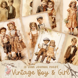 Vintage meisje en jongen junk journal pagina's, vintage junk journal kit, junk journal afdrukbaar papier, digitaal collageblad, instant download