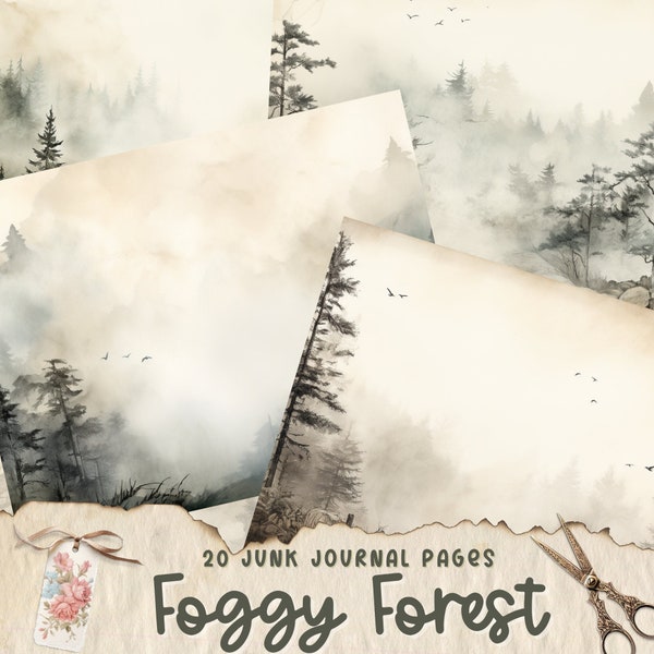 Foggy Forest Junk Journal Pages, Printable Scrapbook Paper, Collage Sheet, Digital Ephemera, Vintage Trees Background, Misty, Cloudy