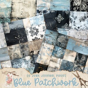 Páginas de diário lixo de retalhos azuis, papéis digitais, páginas de diário para impressão, cartões de scrapbook, artesanato em papel, tecidos chiques gastos, patchwork