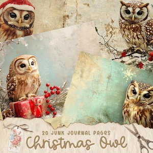 Páginas de diario basura de búho navideño, descarga digital, álbum de recortes, imprimible, kit digital de diario basura vintage, diario, búho, Navidad, pájaro nocturno