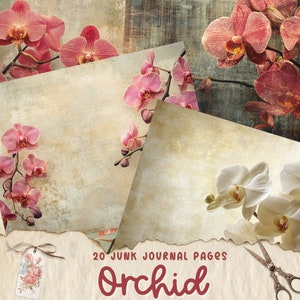 Orchid Junk Journal Pages, Botanical Flower Digital Paper, Scrapbooking Printable Paper, Floral Ephemera, Journal Papers, Shabby Chic Garden