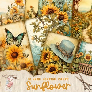 Pages de journal indésirable tournesols, kit vintage de journal indésirable tournesols, journal indésirable papier imprimable, feuille de collage numérique, téléchargement immédiat