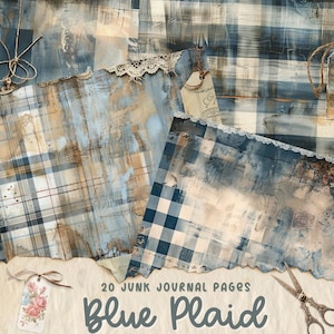 Blauwe geruite ongewenste dagboekpagina's, digitale papieren, afdrukbare dagboekpagina's, plakboekkaarten, papierkunst, shabby chique textiel, achtergrond