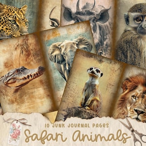 Paquete de páginas de diario basura de animales de safari, álbum de recortes imprimible, material efímero de animales, kit de diario basura vintage, collage, tarjeta de descarga digital
