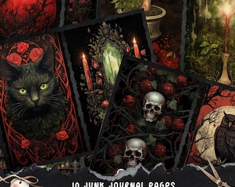 May include: Ten printable junk journal pages with a dark apothecary theme. The pages feature illustrations of a black cat, skulls, flowers, and candles.