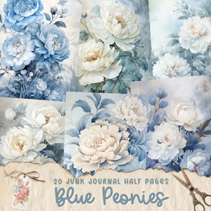 Peonies Junk Journal Half Pages, Digital Scrapbook Paper, Floral Printable, Flower Collage Sheet, Shabby Chic Ephemera, Instant Download