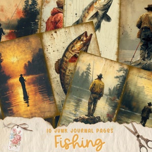 Páginas del diario basura de pesca, Pescadores efímeros, Pescador vintage, Padre e hijo, Abuelo, Páginas de collage imprimibles, Descarga digital